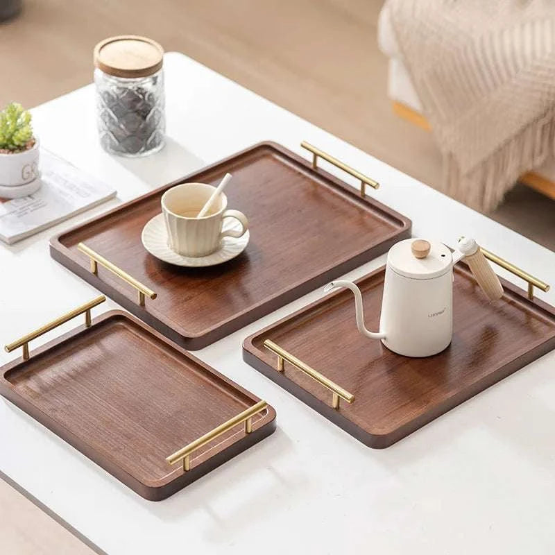 HeMu-Right Angled Bamboo Tray Handle, New Chinese Tea Set Bamboo Hotel Small Tea Tray Wooden Family Breakfast Tray Metal Handle Writings On The Wall 