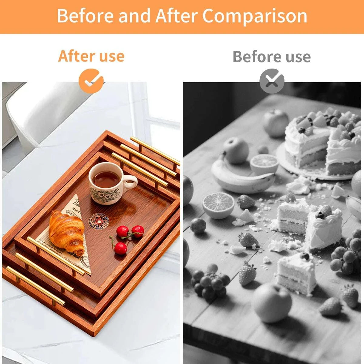 Wooden Serving Tray Set of 3 with Metal Handles - Multi-functional Breakfast, Party & Storage Platters (Brown) Writings On The Wall 