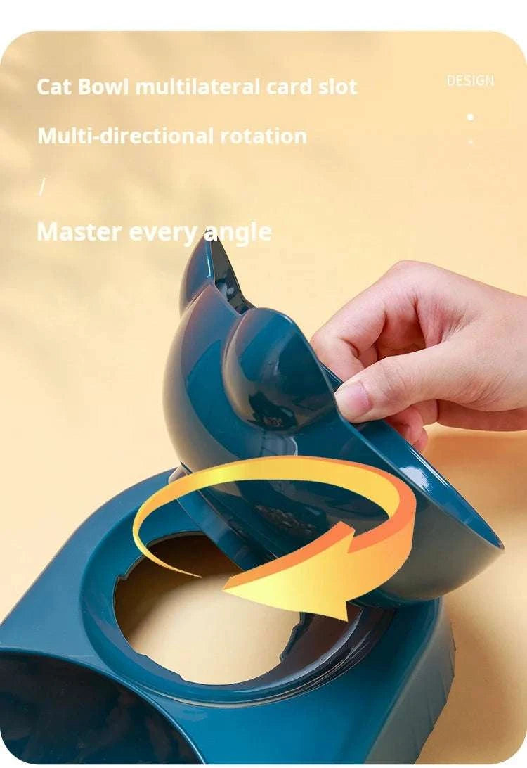 Pet Bowls With Water Feeder, 3 In 1 Ear Design Tilted Cat Water And Food Bowl Set With Gravity Water Bottle For Neck Protection Writings On The Wall 