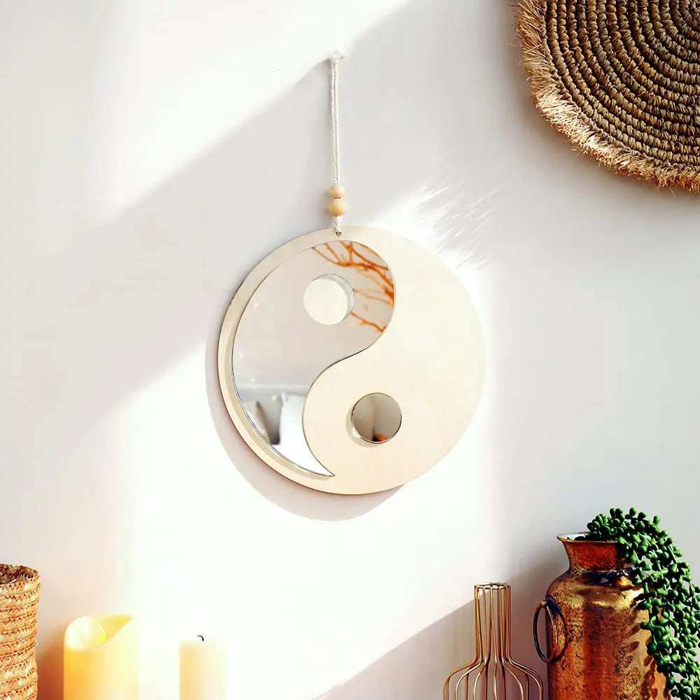 Wooden Mirror Home Decor Boho Wall Mirrors for Living Room Bedroom Tai Chi Yin Yang Wood Mirrors Room House Feng Shui Decoration Writings On The Wall 