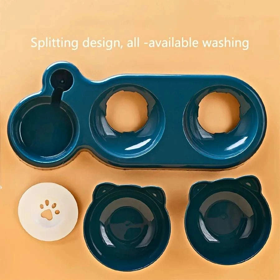 Pet Bowls With Water Feeder, 3 In 1 Ear Design Tilted Cat Water And Food Bowl Set With Gravity Water Bottle For Neck Protection Writings On The Wall 