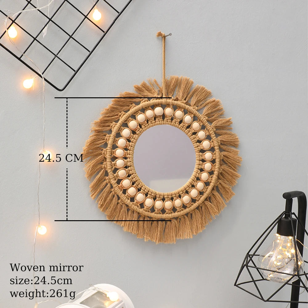 Round Wall Mirrors Room Decor Hand Woven Decorative Mirror Wall Hanging Mirror for Apartment Living Room Bedroom Home Decoration