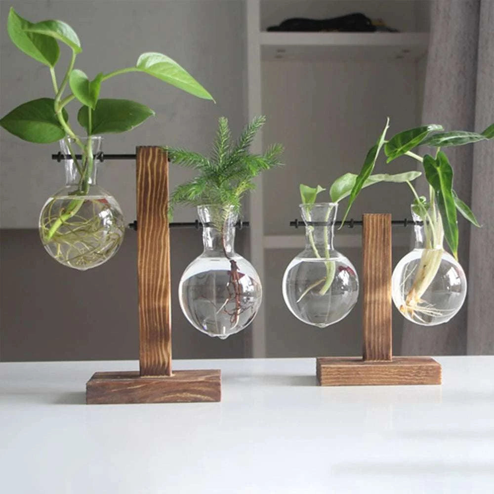 Creative Glass Desktop Planter Bulb Vase Wooden Stand Hydroponic Plant Container Home Tabletop Decor Vases Writings On The Wall 