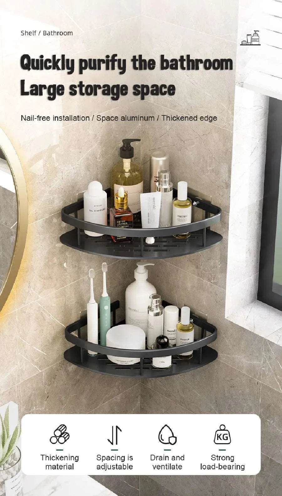 Bathroom Shelves Wall Mounted No Drill Space Aluminum Shower Corner Caddy Storage Shelf Kitchen Organizer Rack Floating Shelf Writings On The Wall 
