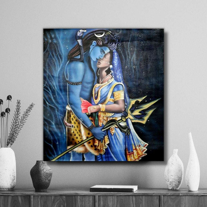 Shiva & Parvati Handmade Acrylic Painting Writings On The Wall Oil Painting