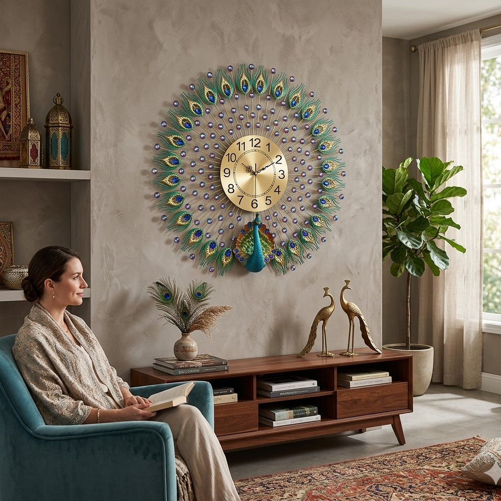 VibrantBlueandGoldPeacockMetalWallArtClock by writings on the wall