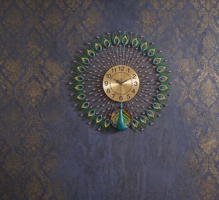Vibrant Blue and Gold Peacock Metal Wall Art Clock  by writingsonthewall
