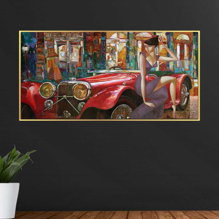 Vintage Car with Woman Painting Writings On The Wall Canvas Print