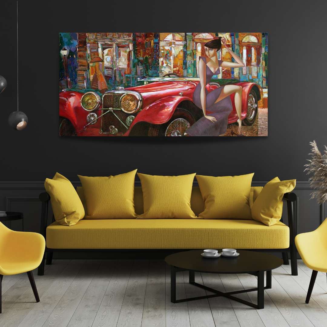 Vintage Car with Woman Painting Writings On The Wall Canvas Print