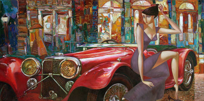 Vintage Car with Woman Painting Writings On The Wall Canvas Print