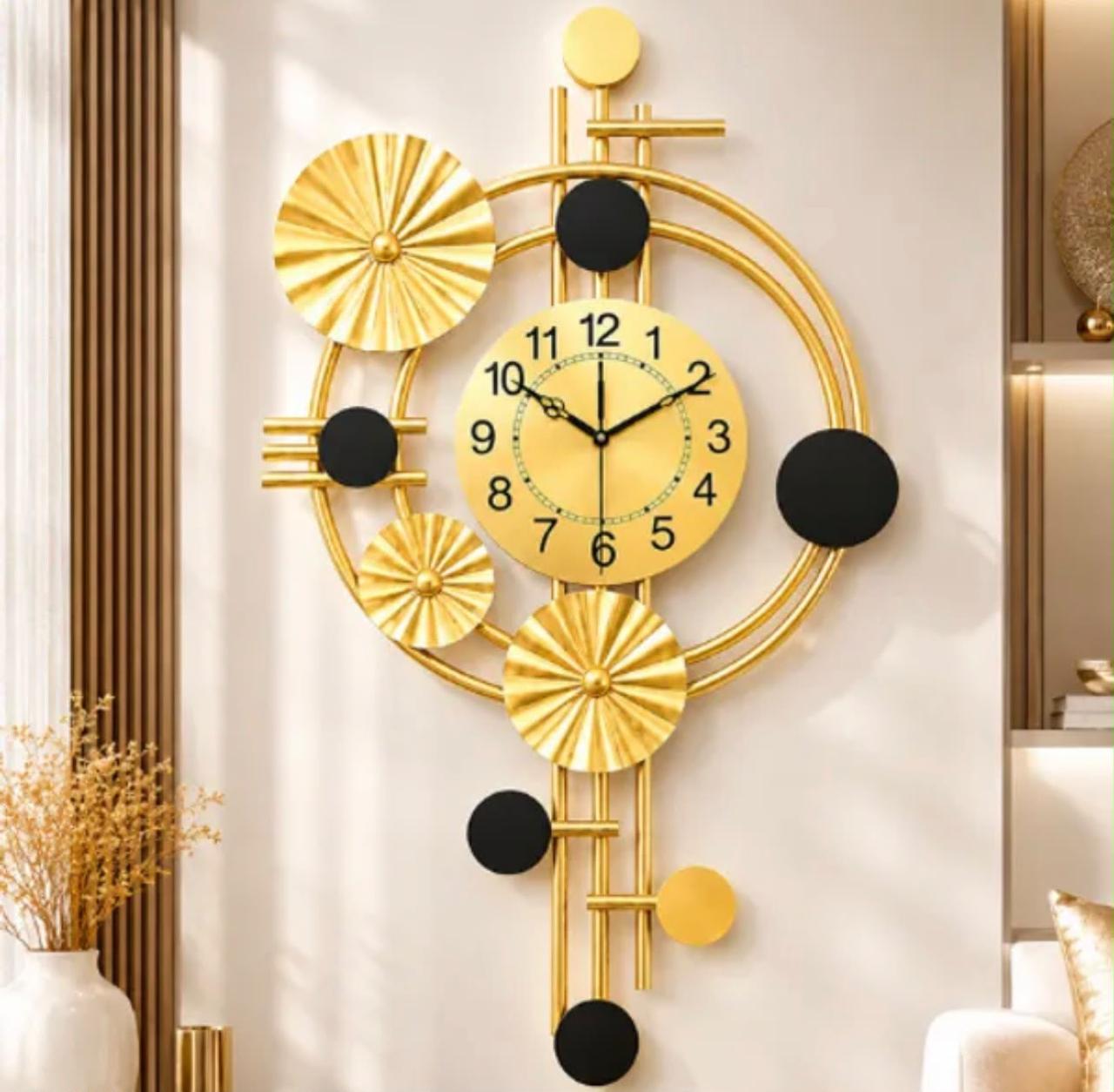 Gold and Black Abstract Metal Wall Clock with Floral Accent