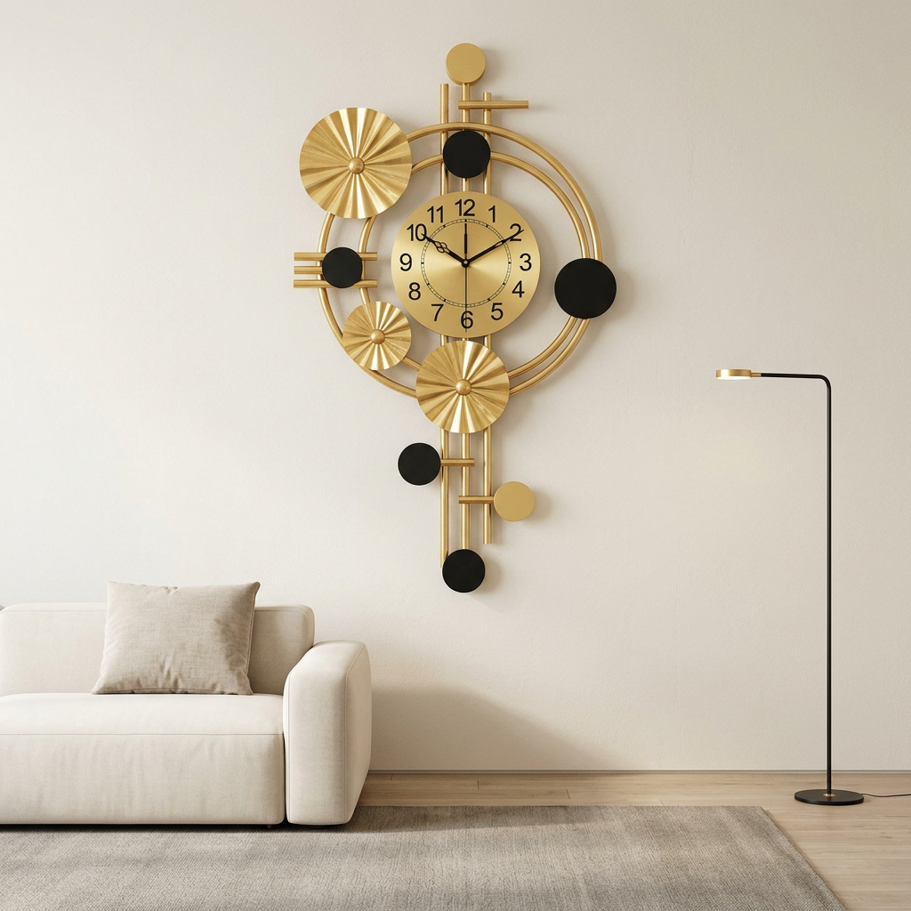 Gold and Black Abstract Metal Wall Clock with Floral Accent