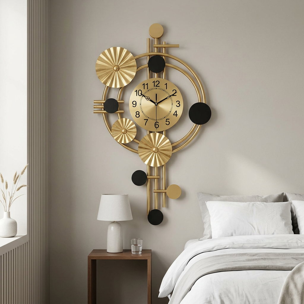 Gold and Black Abstract Metal Wall Clock with Floral Accent