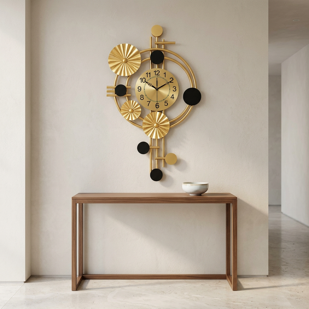 Gold and Black Abstract Metal Wall Clock with Floral Accent