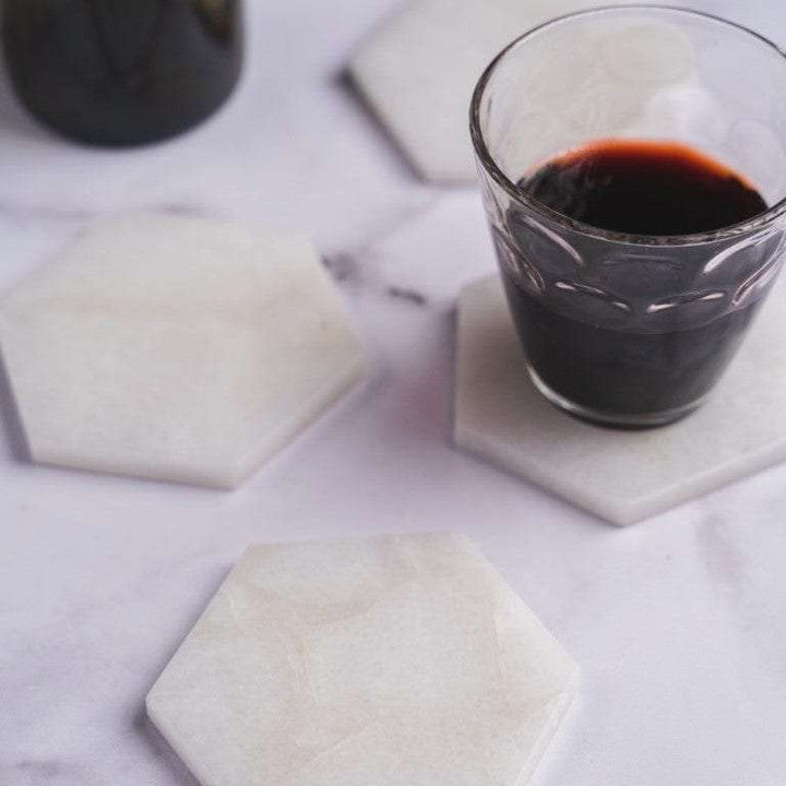 White Quartz Hexagon Coasters - Set of 4 Writings On The Wall Coasters