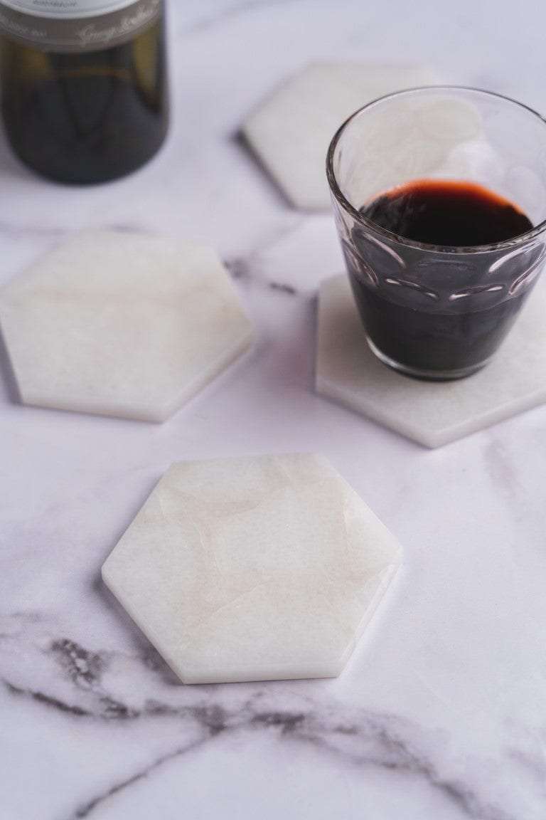 White Quartz Hexagon Coasters - Set of 4 Writings On The Wall Coasters