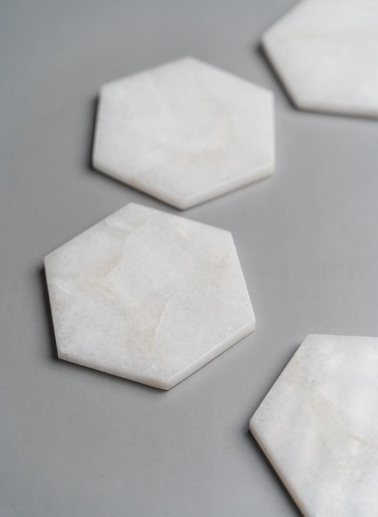 White Quartz Hexagon Coasters - Set of 4 Writings On The Wall Coasters