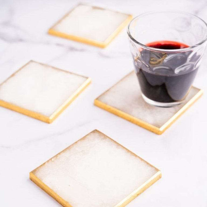 White Quartz Square Coasters With Golden Leafing - Set of 4 Writings On The Wall Coasters