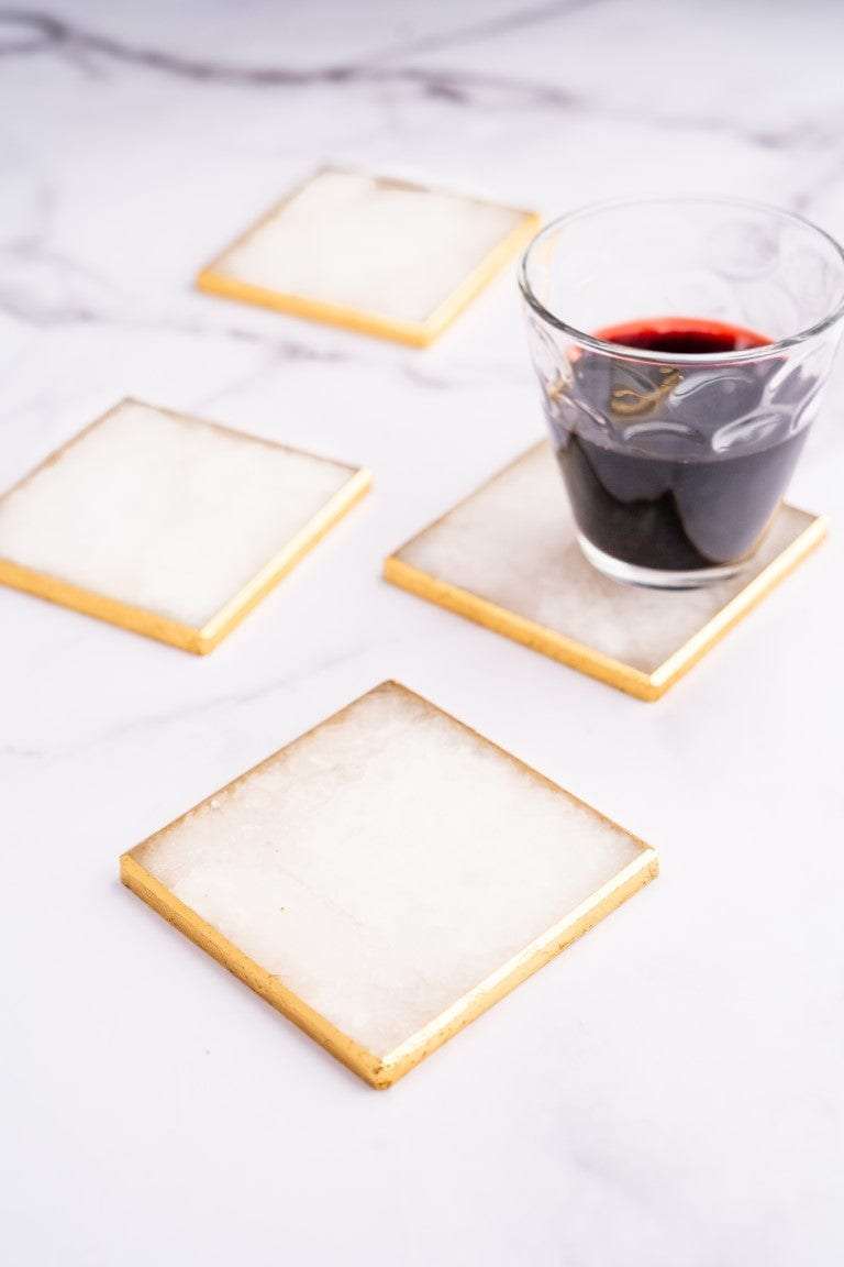 White Quartz Square Coasters With Golden Leafing - Set of 4 Writings On The Wall Coasters