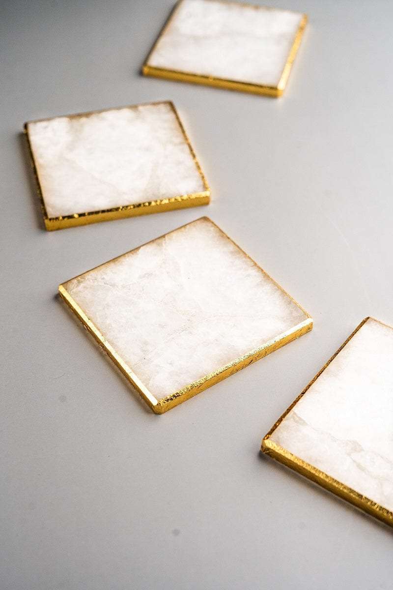 White Quartz Square Coasters With Golden Leafing - Set of 4 Writings On The Wall Coasters