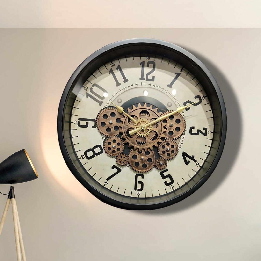 Black & Bronze Industrial Moving Gears Wall Clock