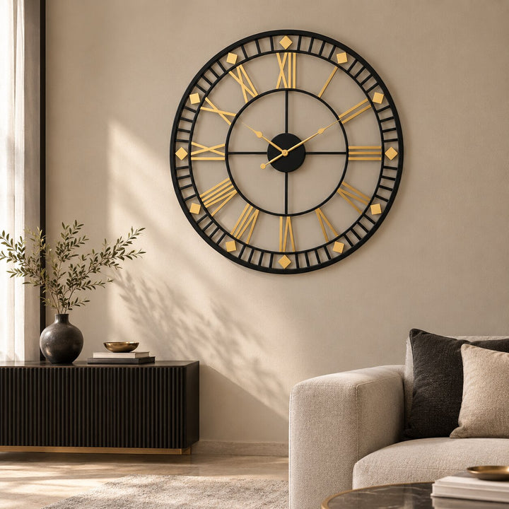 Black and gold skeleton-dial wall clock above a sideboard and sofa