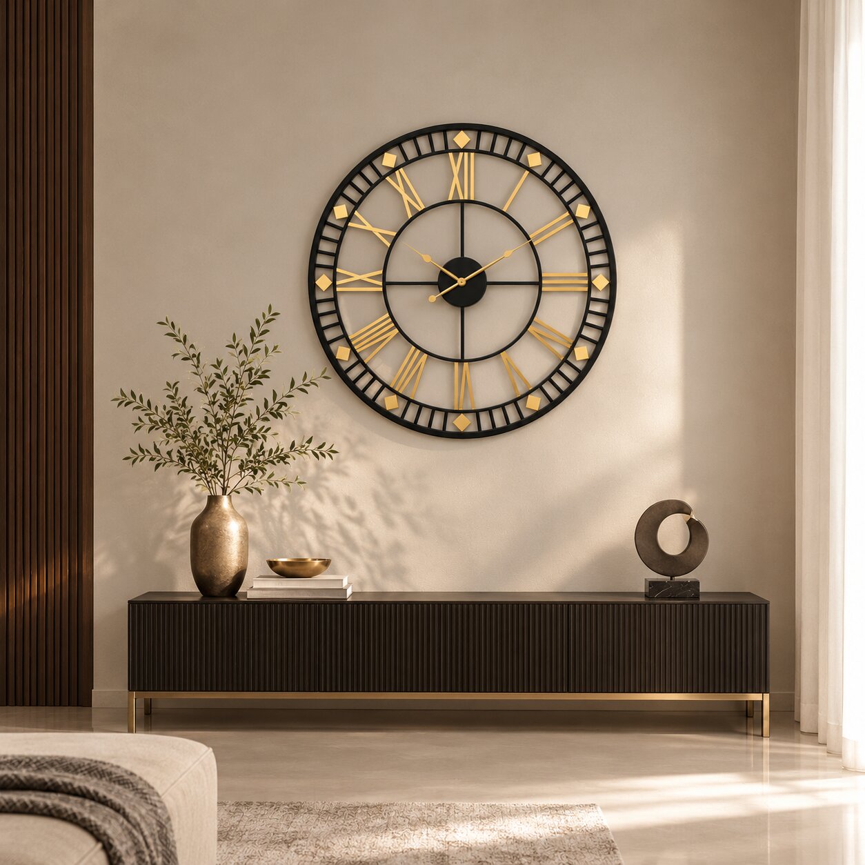 Black and gold designer wall clock above a dark sideboard in a beige living room