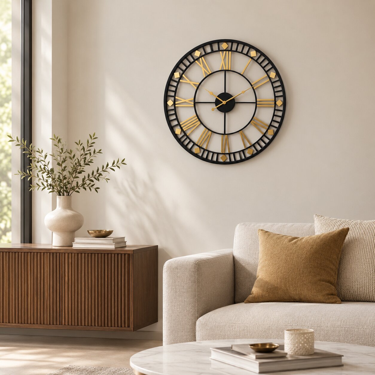 Black and gold designer wall clock above a wooden sideboard and cream sofa