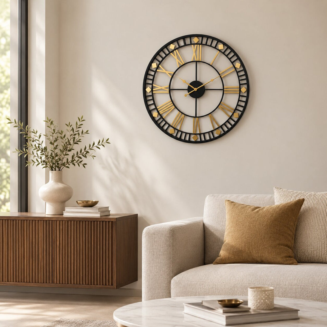 Black and gold designer wall clock above a wooden sideboard and cream sofa