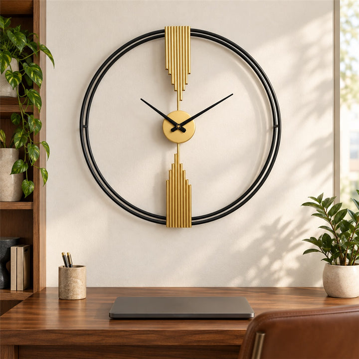 Black and gold double ring designer wall clock in a home office
