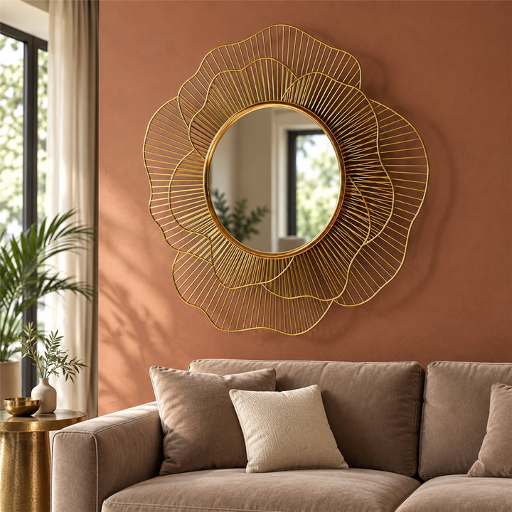 Golden flower wall mirror in a living room