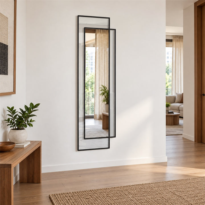 Geometric full length wall mirror in a hallway