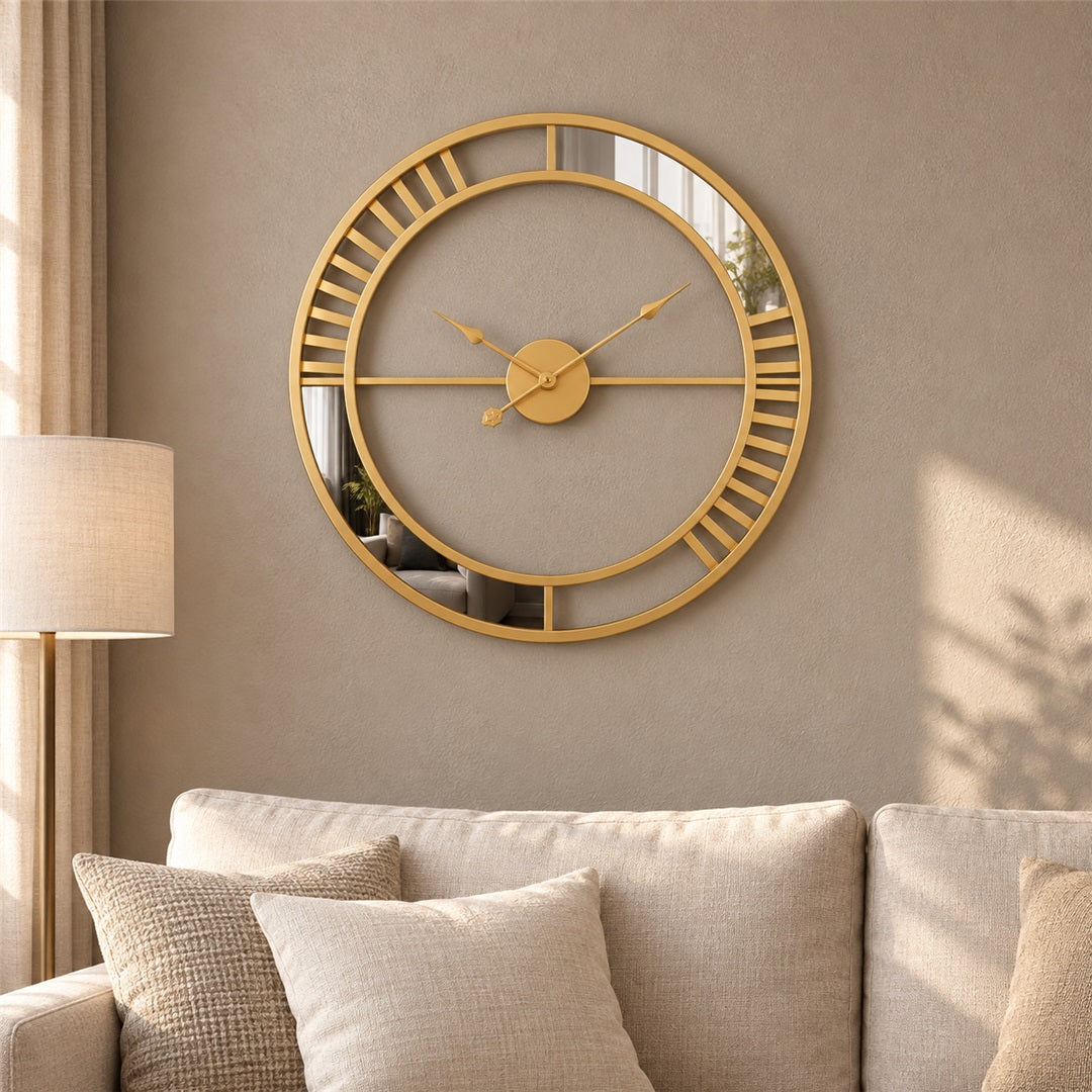 Gold designer wall clock with mirror pattern in a living room