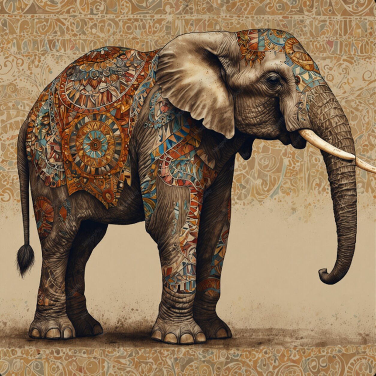 Ornate Indian Elephant Mandala Painting - Art Print