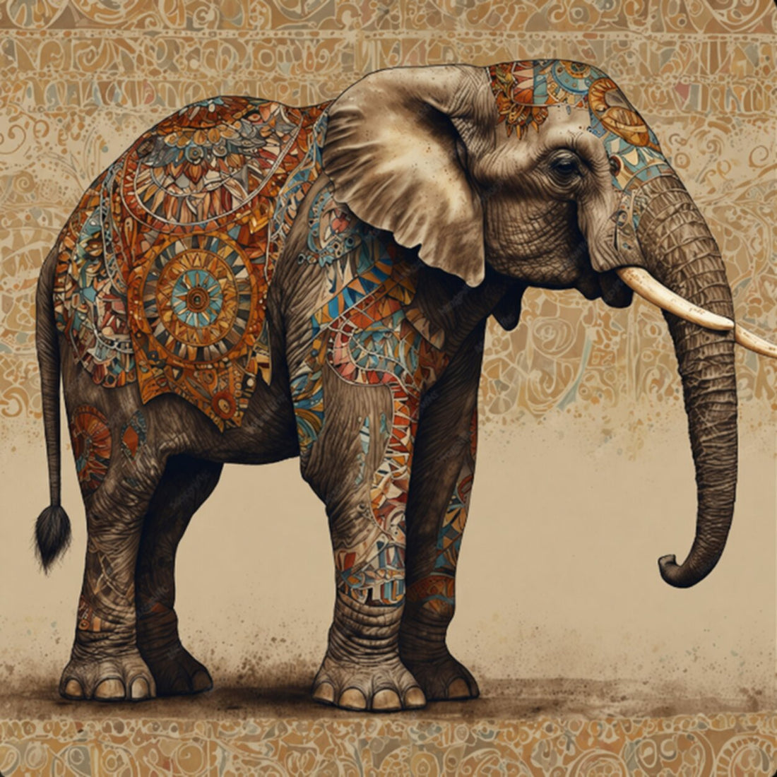 Ornate Indian Elephant Mandala Painting - Art Print