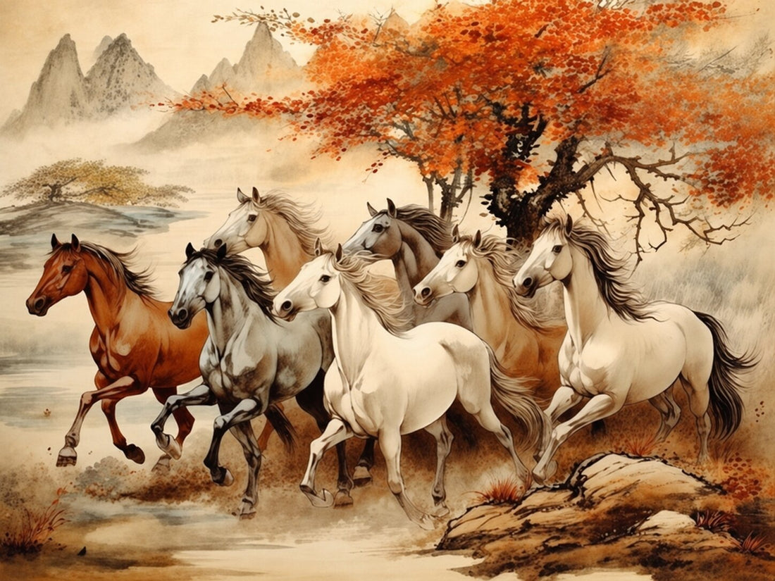 Close-up of the seven running horses painting detail