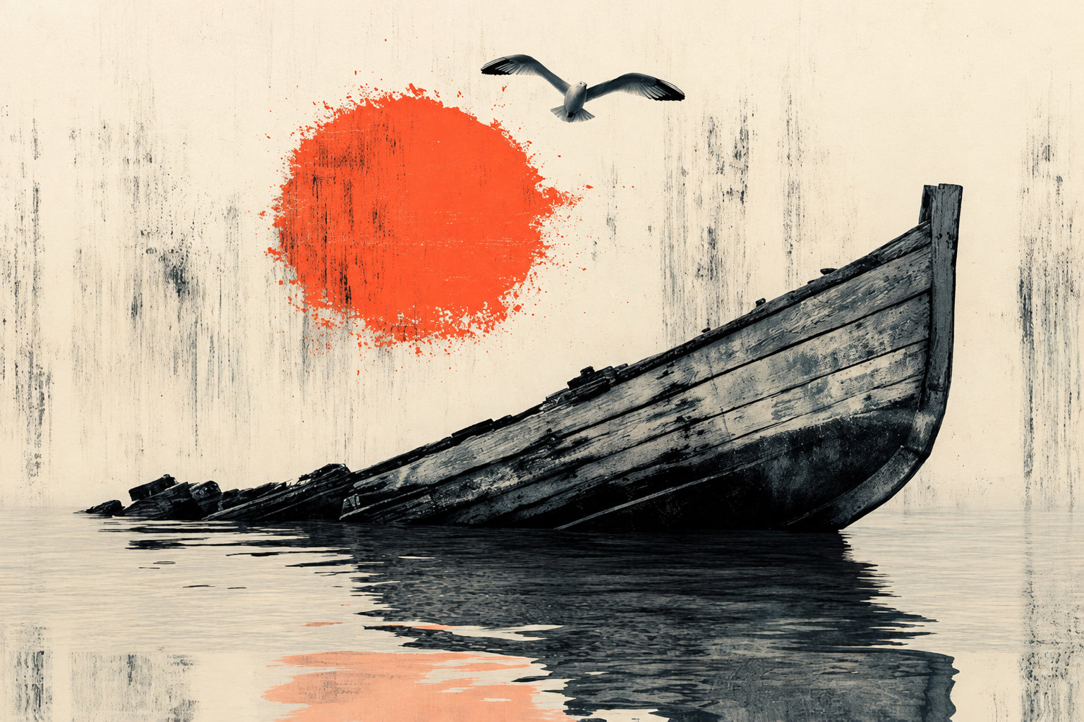 Solitary Voyage Red Sun Boat Painting - Art Print