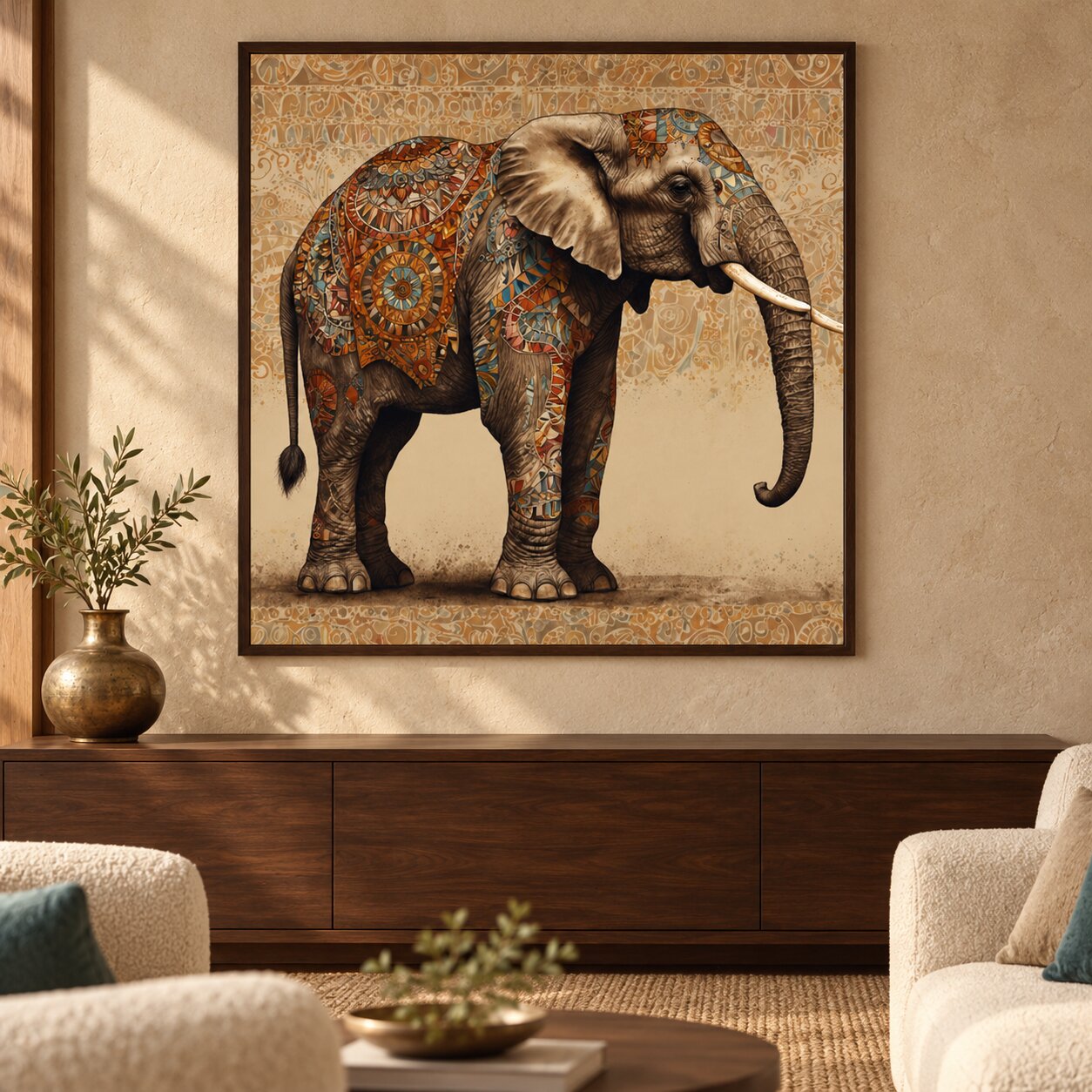 Ornate Indian Elephant Mandala Painting - Art Print