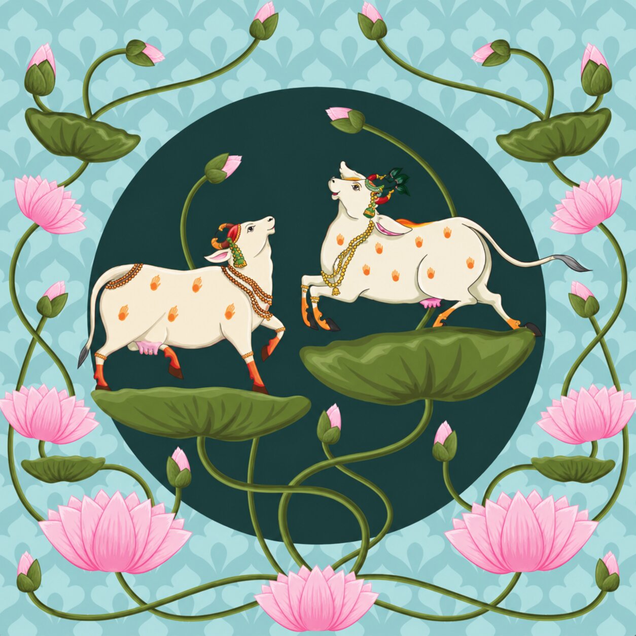 Sacred Kamdhenu Cows & Lotus Pichwai Painting - Art Print