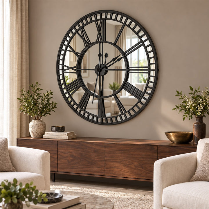 Mirror wall clock with a reflective face on a drawing room wall
