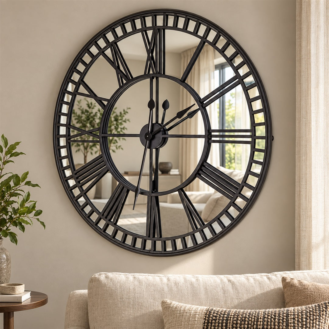 Mirror wall clock on a living room wall