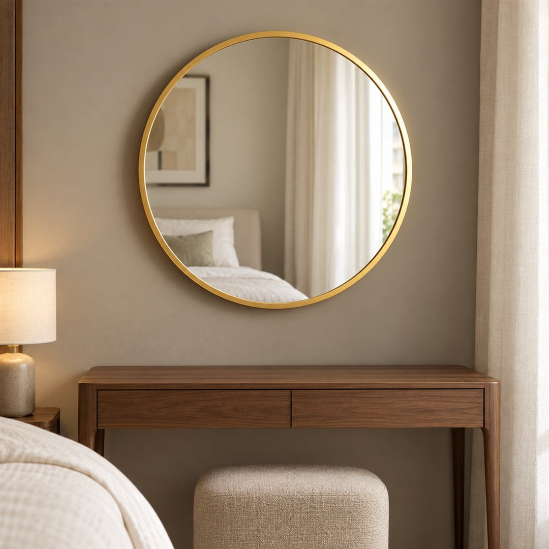 Minimal golden round wall mirror in a bedroom