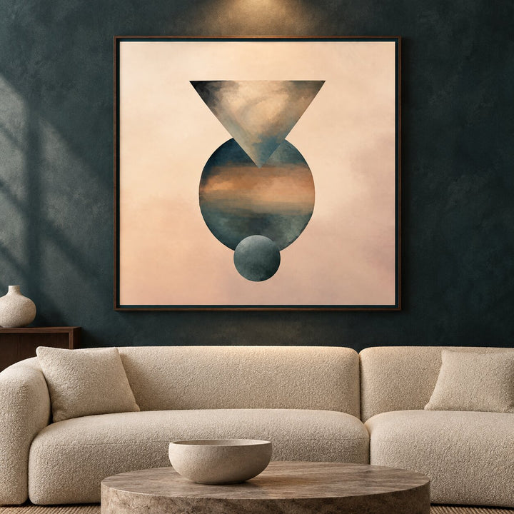 Teal and Blush Geometric Abstract canvas art print, hero shot on a wall