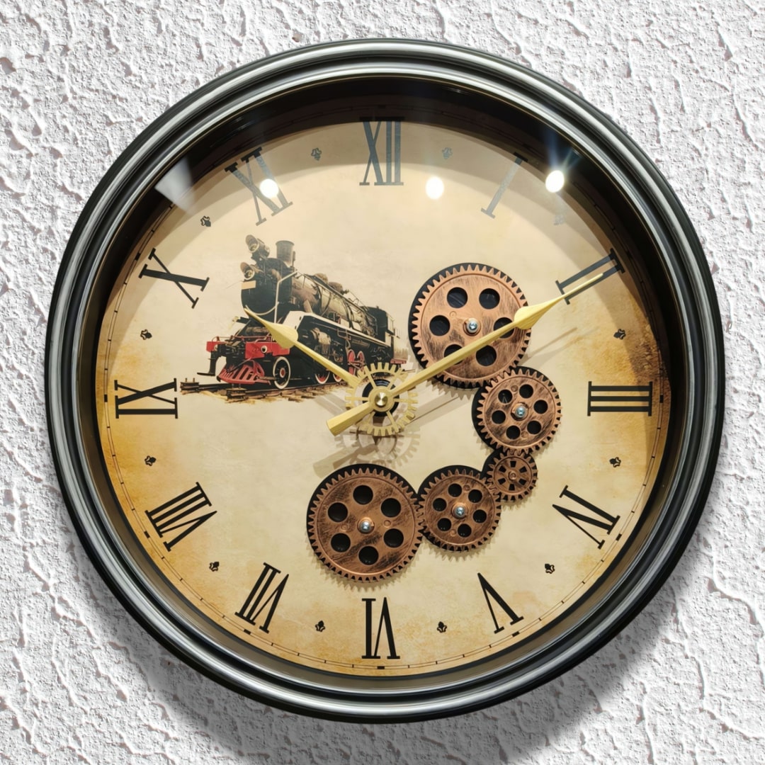 Black & Bronze Retro Moving Gears Wall Clock