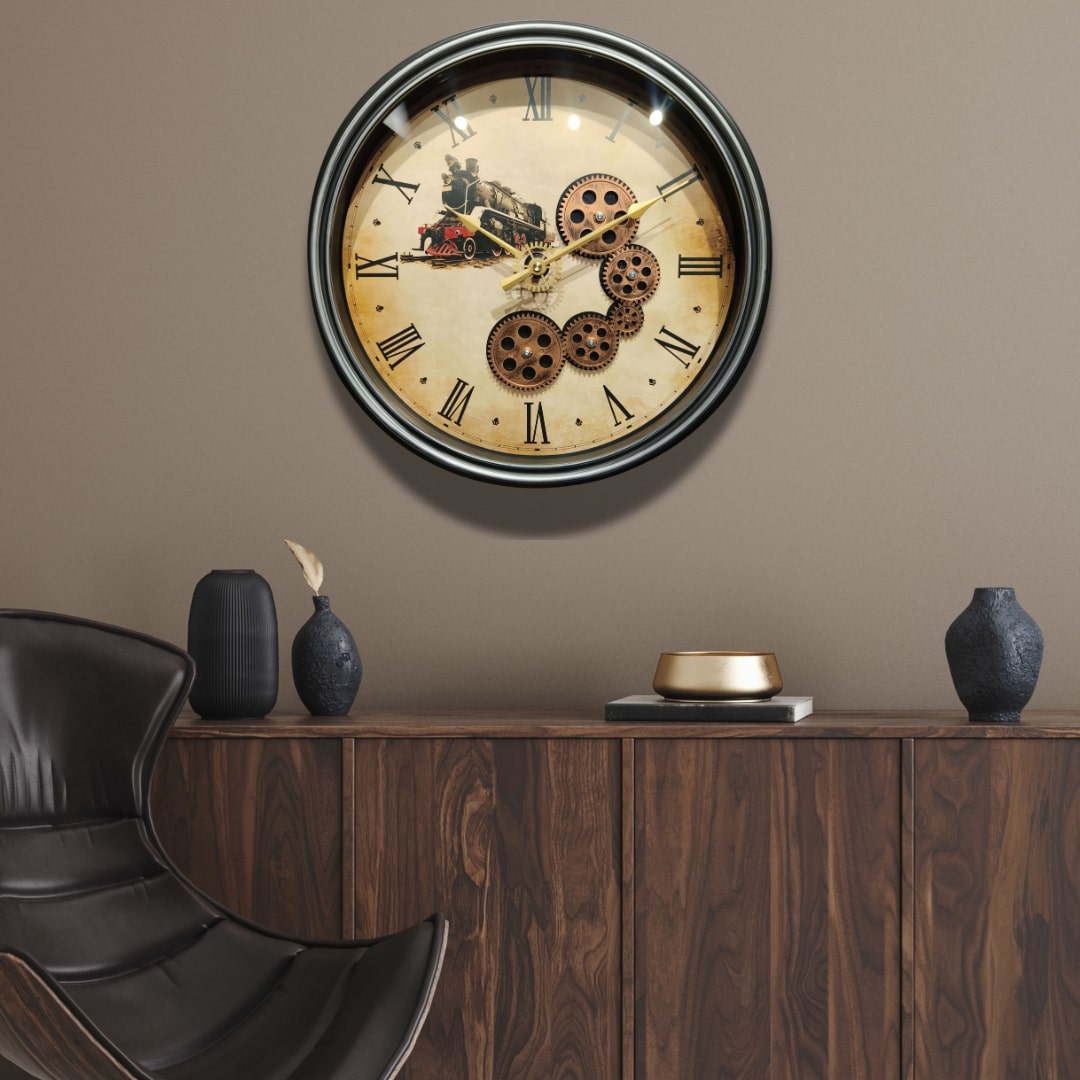 Black & Bronze Retro Moving Gears Wall Clock