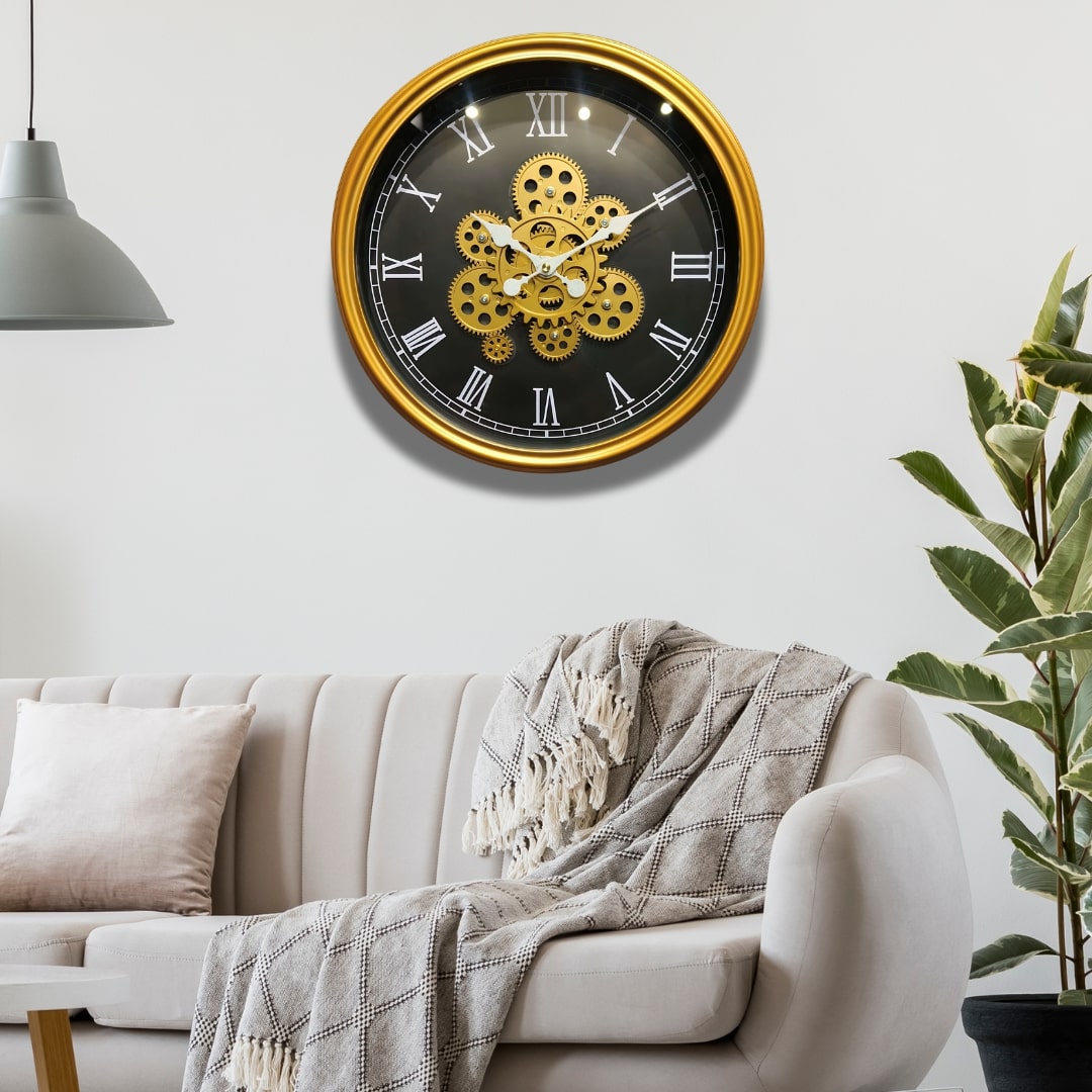 Gold & Black Moving Gears Wall Clock