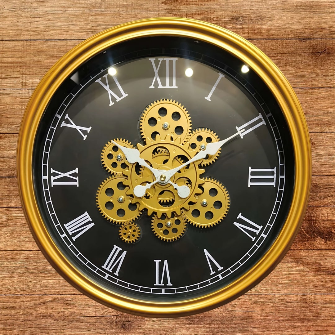 Gold & Black Moving Gears Wall Clock