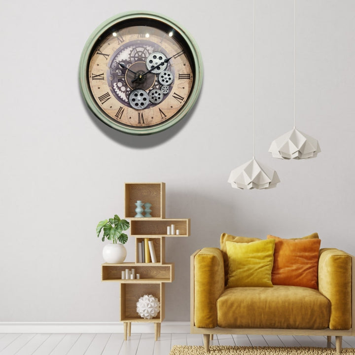 Green Vintage Map Moving Gears Wall Clock