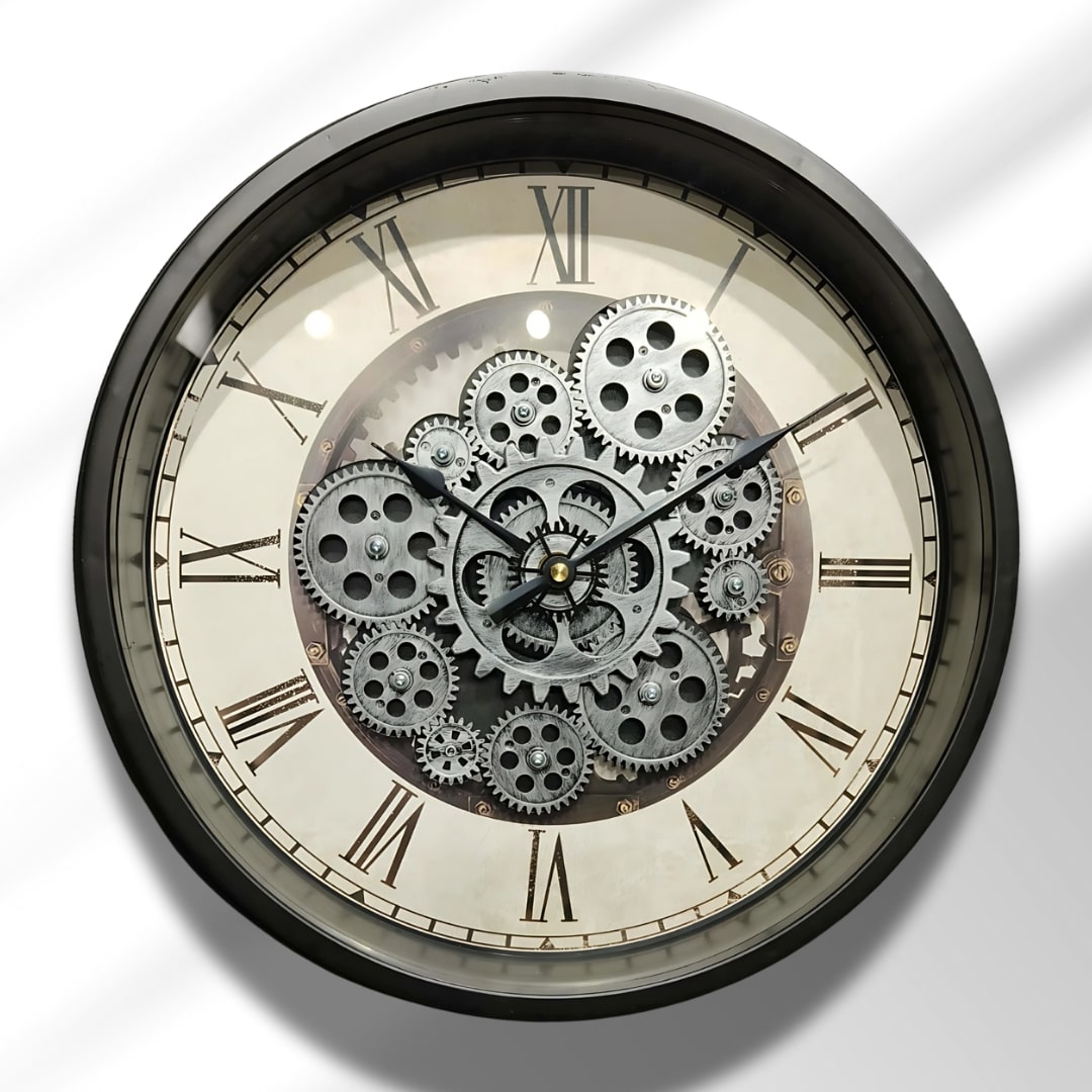 Black Industrial Moving Gears Wall Clock