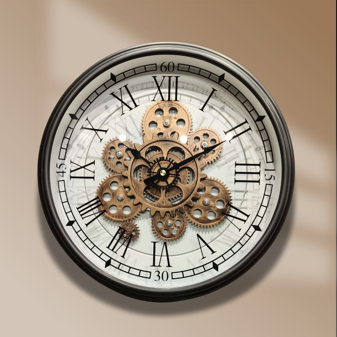 Black & Copper Industrial Moving Gears Wall Clock